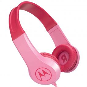 MOTOROLA Squads 200, Kids Wired Headphones with Anti-Allergic Cushion, Enhanced Bass, In-Line Mic and Voice Assistant Compatible with 3.5mm Aux, Pink